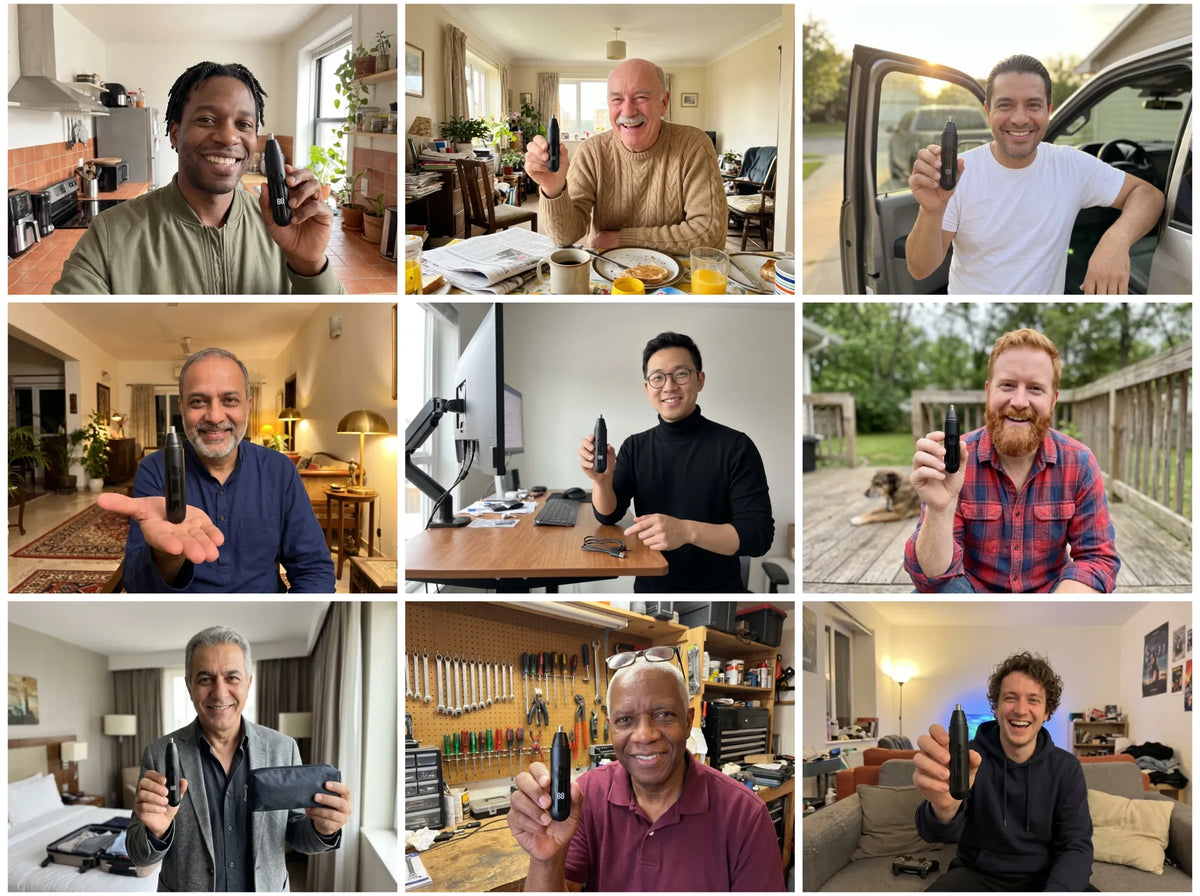 Nine men holding the small black Mr. Bold trimmer at home, in the kitchen, at the table, by the car, in the living room, at the desk, on the deck, in a hotel room, in the workshop and on the couch