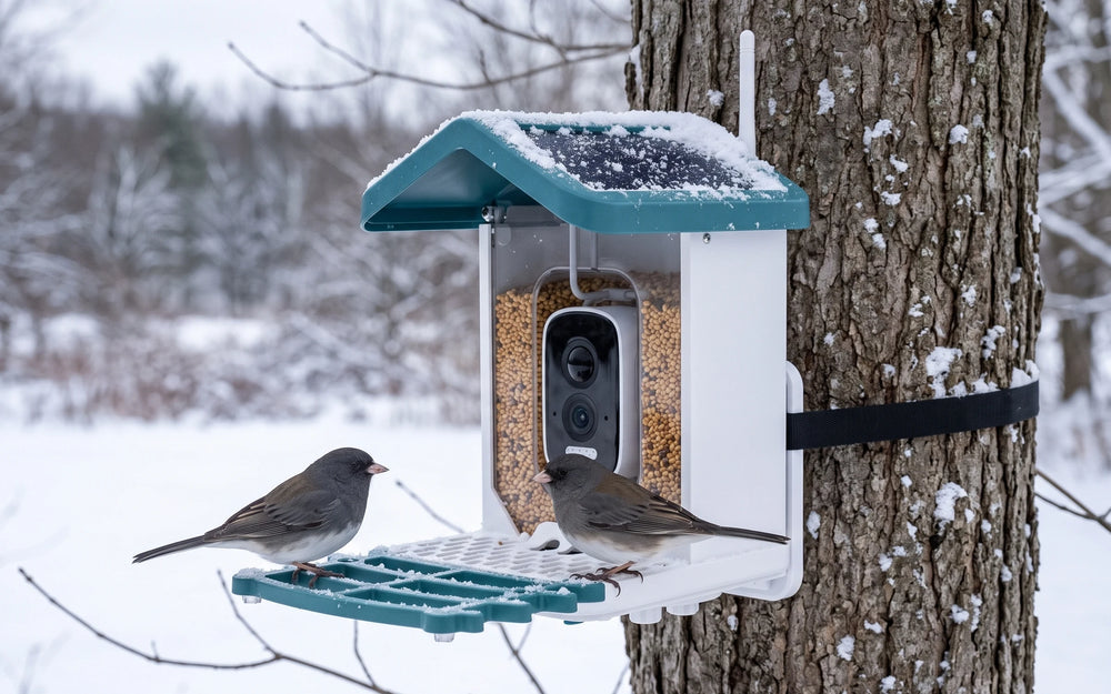 The feeder on a snowy tree trunk with two juncos on the perch and a light dusting of snow on the roof frame