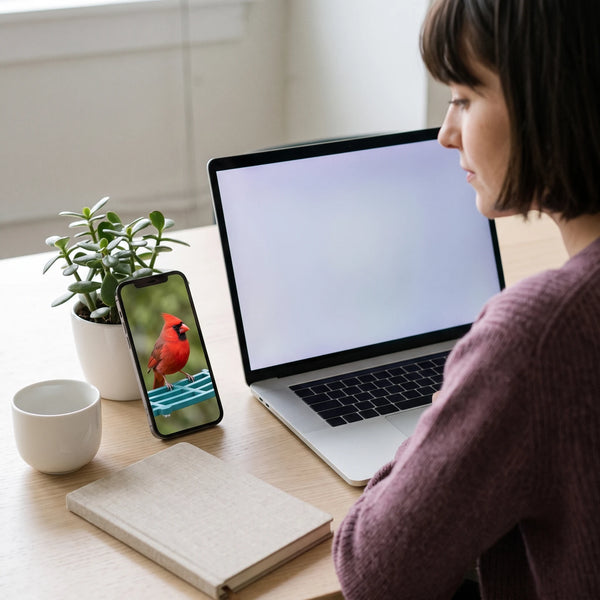 A woman at an office desk glancing at a phone propped against a plant, the screen filled by a cardinal on a teal perch