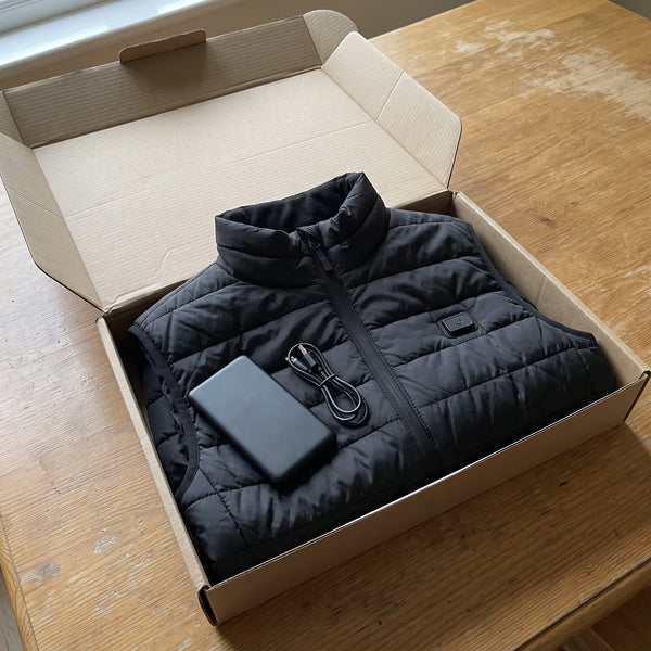 An open plain cardboard box holding the folded black vest and a black power bank