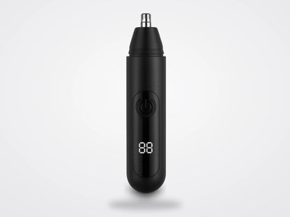 Mr. Bold Nose & Ear Hair Trimmer in black, standing upright with power button and digital display on a light gray backdrop